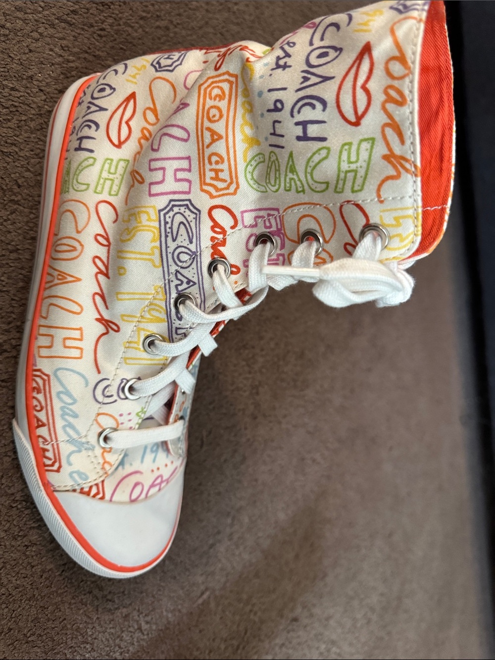 Coach woman White Multicolor coach Logo High-Top Sneakers with Orange Trim - Picture 3 of 6